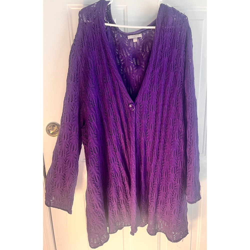 Woman Within Purple Crochet Knit Open Front Cardigan Sweater Plus Size 5X